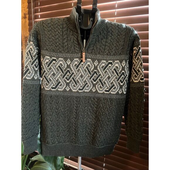 Aran Sweaters Merino Wool Men’s Half Zip Neck Fisherman Sweater, Jacquard Patter - Picture 1 of 3